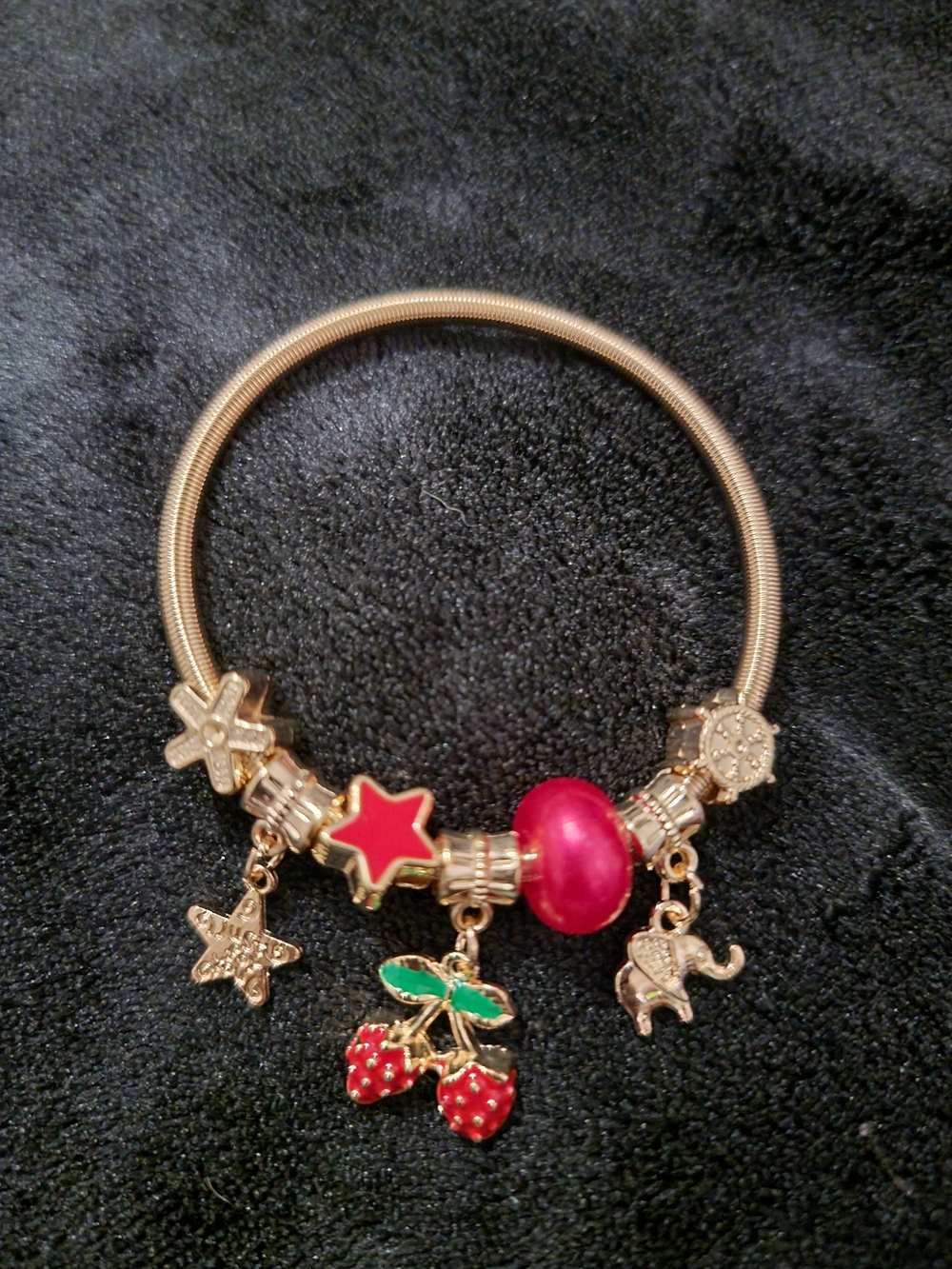 Gold-Tone Charm Bracelet with Red Enamel Beads and Strawberry Charm